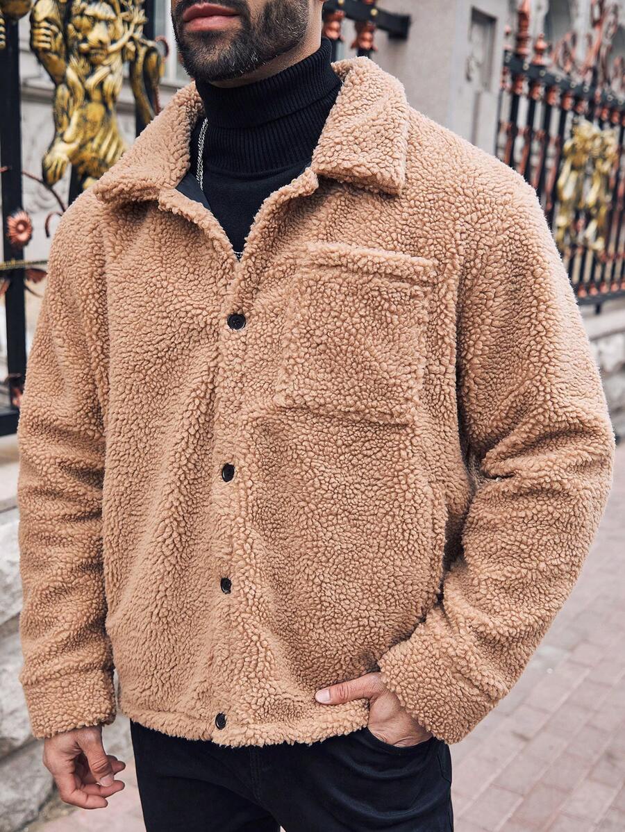 Manfinity Homme Áo khoác nam tay dài cài nút phía trước màu trơn, thường ngày, thu/đông, cỡ lớn - Đồng - Xem 1