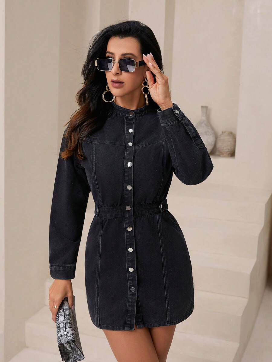 SHEIN Essnce Women's Casual Denim Mini Dress With Long Sleeves And Single-Breasted Design - Black - View 1