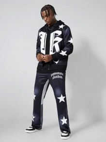 ROMWE MEN Street Life Bộ 2 món thường ngày cho nam - Áo hoodie in chữ và ngôi sao có khóa kéo và quần nỉ thể thao - Nhiều màu - Xem 1