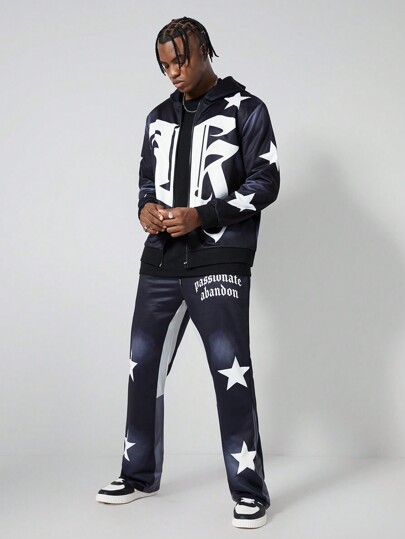 Street Life Men's Casual 2pcs Set - Letter & Star Print Zip Closure Hoodie Sweatshirt And Sweatpants Tracksuit