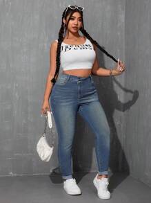 SHEIN ICON 大码前扣口袋休闲牛仔裤，日常穿着