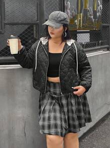 SHEIN EZwear Plus Size Women Patchwork Color Block Drawstring Hooded Padded Coat, Autumn/Winter