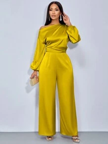SOLERSUN 女士时尚优雅不对称领口褶皱侧缎长袖连体裤 - 芥末黃 - 查看 5