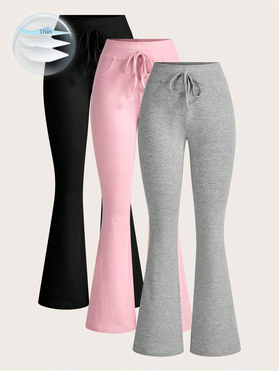 SHEIN EZwear 3 件装 女士纯色简约抽绳喇叭运动裤 - 彩色 - 查看 1