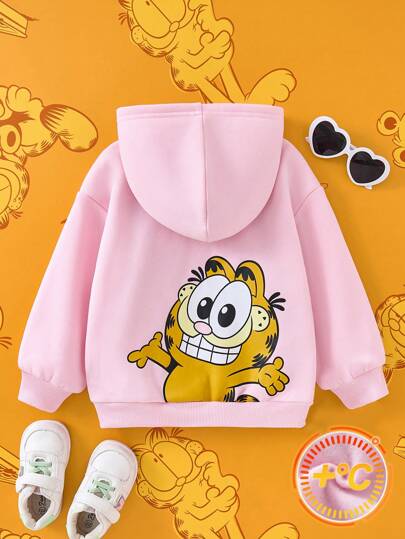 GARFIELD | SHEIN 年轻女孩可爱卡通大图案连帽宽松套头运动衫带毛巾绣，秋冬