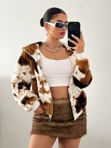 SHEIN ICON 女式前拉链长袖图案细节简约 Y2k 节日新年奶牛印花连帽上衣冬季 - 杏色 - 查看 4