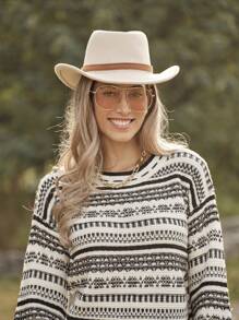 LanaWest 女士几何图案乡村度假休闲针织套头衫秋冬款 - 黑與白 - 查看 4