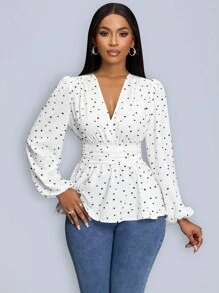 SOLERSUN Heart Print Wrap Neckline Lantern Sleeve Blouse With Ruffle Hem (Assorted Floral) Peplum Top