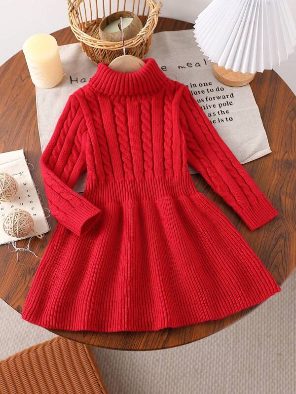 SHEIN Vestido de punto con cuello alto estilo línea A de Navidad para niña