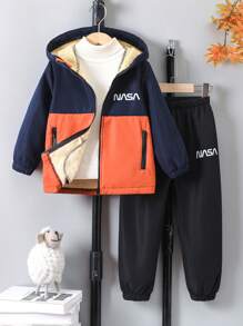 2pcs Boys Autumn/Winter Letter Print Color Block Zipper Hoodie Jacket And Pants Set - Multicolor - View 8