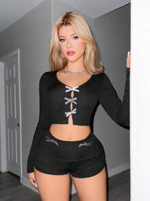 Sweetina 1 Set Estilo minimalista Mujer Blusa de manga larga y shorts, uso casual de todos los días