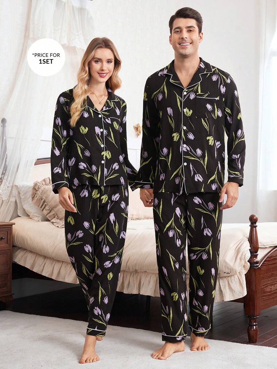 CoupledUp بدلة بيجامة للرجال، متكونة من ملابس علوية كم طويل أحادية الصدر وبنطلون مطبوع بطبعة الزهور التوليب