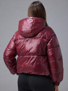 Chiquease 女士保暖加厚纯色连帽领长袖短裤棉服夹棉外套，新款冬装款式 - 酒紅色 - 查看 2