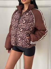SHEIN EZwear Women's New Leopard Print Winter Jacket, Casual Simple And Fashionable For Daily Wear
