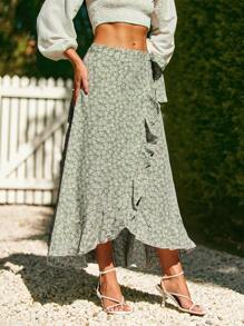 SHEIN VCAY Falda cruzada con estampado floral con nudo lateral