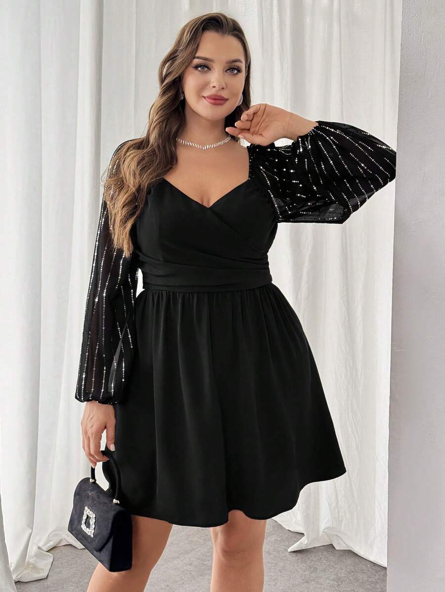 SHEIN Essnce Plus Size Women's Spring And Summer Valentine's Day Vacation Outfits Fashion Casual Commuting Elegant Black A-Hem Long-Sleeved Dress - Black - View 1