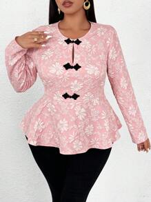 SHEIN Clasi Chemise décontractée à manches longues avec boutons devant et Top à peplum grande taille - Rose bonbon - Voir 5