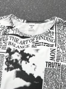 SHEIN Tween Girls' Casual Daily Knit Newspaper Print Long Sleeve Jumpsuit