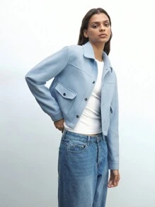 Maija Veste de travail polyvalente à manches longues, en mélange de laine, avec boutons frontaux, poches, de couleur bleu unicolore, pour femmes, idéale pour le printemps