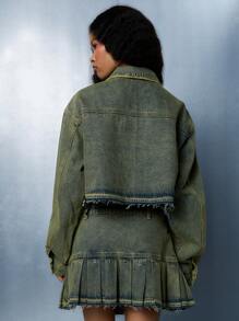 SUMWON WOMEN Distressed Denim Jacket Cropped Raw Hem Pleated Ruffle Bottom Grunge Style Fall Winter Outerwear Studded Collar Edgy Streetwear - Yellow - View 2