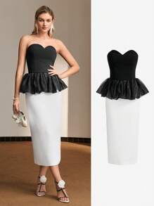 MOTF PREMIUM VESTIDO CÓCTEL TUBO CON CINTURA DE VOLANTES DE DOS TONOS - Blanco y Negro - Ver 9