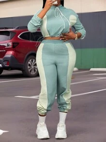 Slaydiva 新款节日新年情人节感恩节套装 - 女士休闲街头风拼接撞色抽绳宽松长袖上衣和直筒裤套装，黑色，M码 - 彩色 - 查看 9