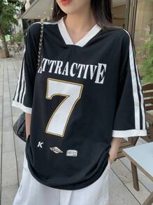DAZY 女士休闲撞色条纹字母数字印花 V 领短袖 T 恤超大 T 恤