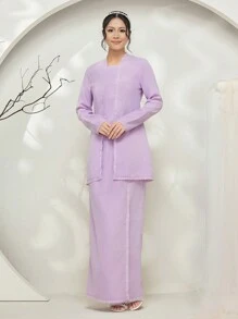 Veilorie Baju Kebaya 2pcs Lace Patchwork Long Sleeve Extra Long Blouse And Maxi Skirt Set Modest