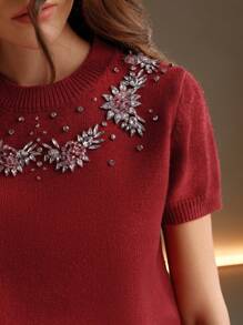 Women Hand-Embroidered Beaded & Rhinestone Decor Round Neck Short Sleeve Knitted Top For New Year Clothes - Red - View 2