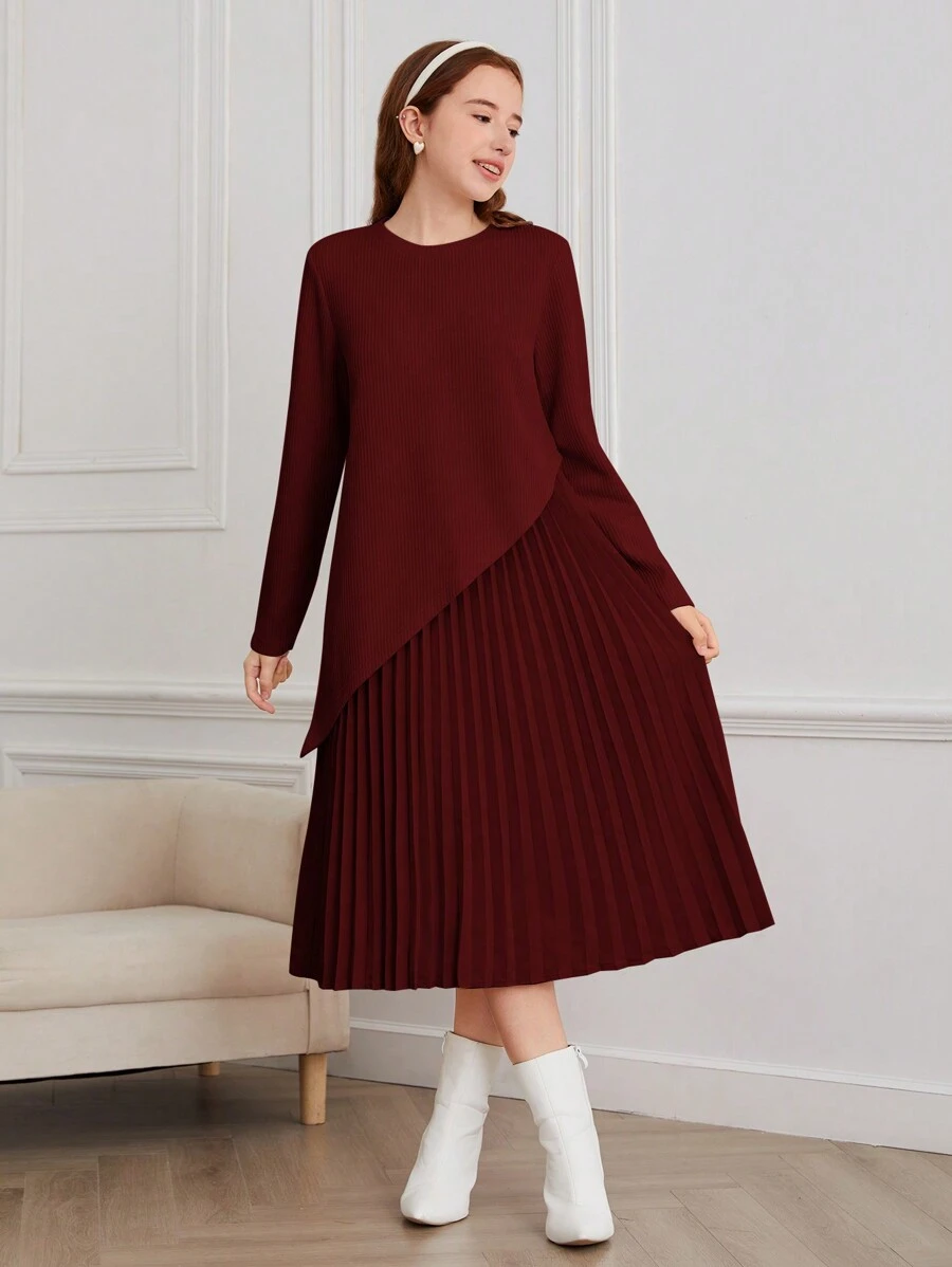 2pcs/Set Teen Girl Knit Sweater And Pleated Camisole Dress - Burgundy - View 1