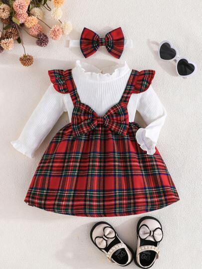 Souflis Souflis Baby flickor volang långärmad fluga Rutig klänning med avtagbara hängslen & pannband, fritidskläder utomhus för vår och höst till jul