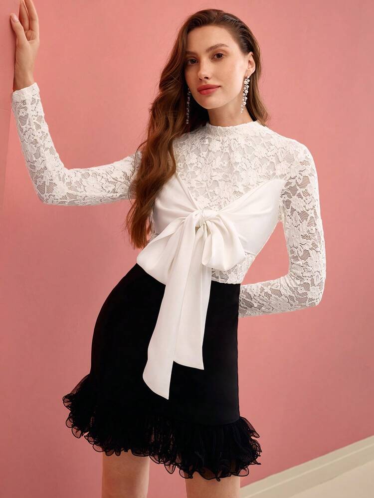 CONTRAST LACE KNOT FRONT DRESS