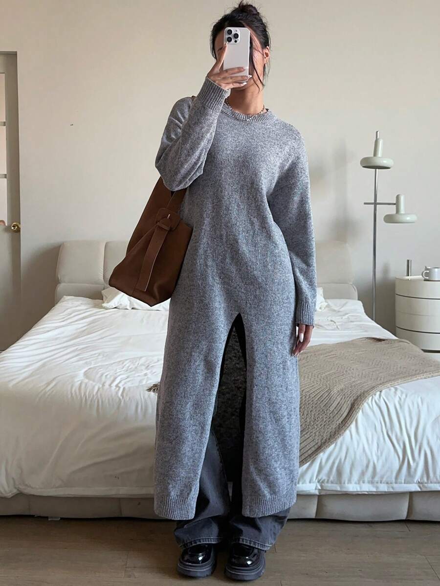 SHEIN Essnce Women's Solid Color Round Neck Drop Shoulder Long Sleeve Slit Hem Long Sweater, Autumn/Winter - Grey - View 1