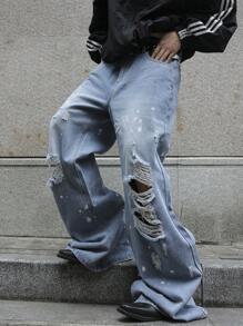 Manfinity EMRG Men's Casual Pocket Ripped Simple Denim Jeans, For Daily Wear - Light Wash - View 3