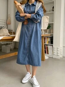 DAZY 纯色双口袋开衩下摆牛仔连衣裙，秋装