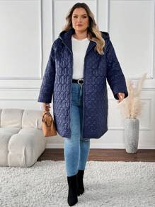 SHEIN CURVE+ Abrigo acolchado con capucha con cremallera, suelto y con longitud hasta la pantorrilla, para talla grande, para otoño/invierno