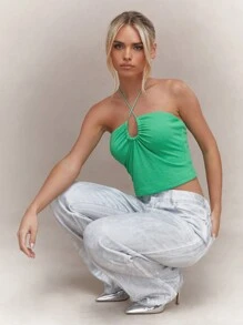 MISSGUIDED Shimmer Ribbed Halter Neck Crop Top Christmas - Green - View 5