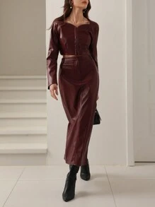 Aveloria Modichic Conjunto de 2 piezas de moda de otoño con chaqueta simple de PU y falda larga para ropa de fiesta de vacaciones