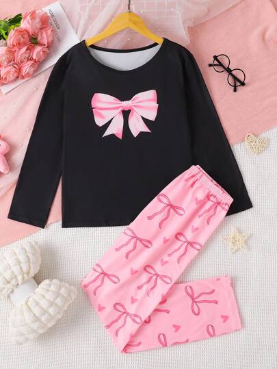 Ropa de dormir adorable para niñas con decoración de lazos de 2 tonos
