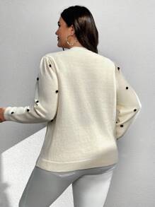 SHEIN Clasi Plus Size Women's Solid Color Round Neck Ruched Sleeve Textured Dot Pullover Sweater, Autumn/Winter Knit Pullover Fall - Beige - View 3