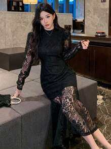 DAZY 女士蕾丝美人鱼修身中长连衣裙 舞会礼服 优雅女士连衣裙