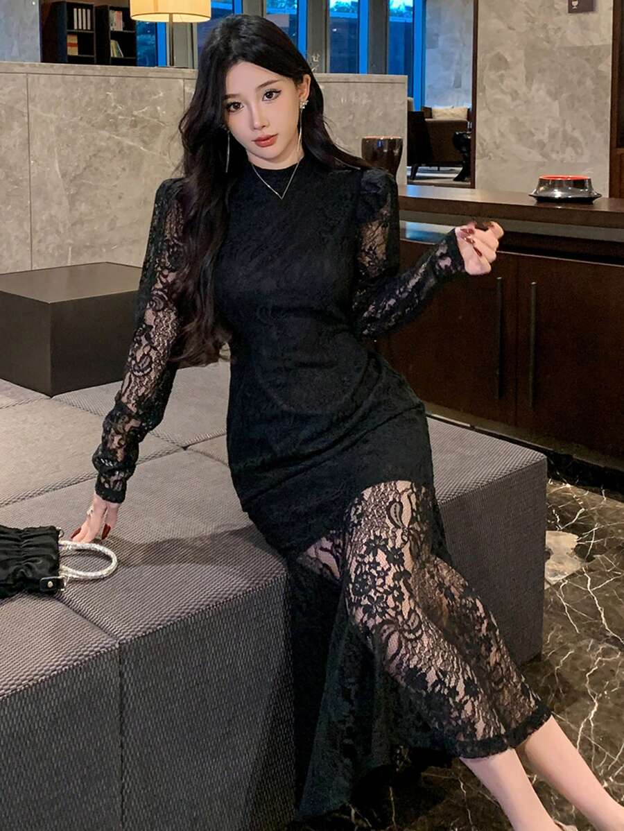 DAZY 女士蕾丝美人鱼修身中长连衣裙 舞会礼服 优雅女士连衣裙