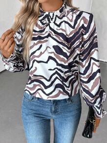 SHEIN Clasi Women's Stand Collar Long Sleeve Allover Print Minimal Casual Top, For Everyday Wear