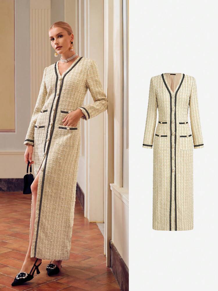 ZEYLAH TWEED CONTRAST TAPE TRIM PATCH POCKET SPLIT HEM LONG DRESS