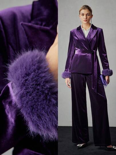 MOTF PREMIUM 天鹅绒纯色尖领撞色毛绒袖口系腰带西装外套