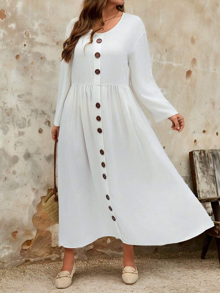 Plus Size Women Round Neck Long Sleeve Button Design Casual Dress, Autumn/Winter
