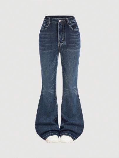 SHEIN Girlism Tween Girls Y2K Punk Retro Vintage Embroidered Wings & Rhinestone Decorated Stretchy Flared Jeans With Slanted Pocket