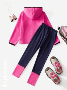 SHEIN Tween Girl 秋冬字母印花拉链连帽衫和裤子休闲两件套 - 粉色 - 查看 2