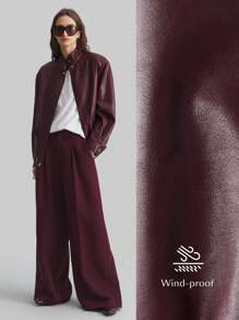 Ontre Women's 2025 New Spring Apparel Stand Collar Zipper Style Real Pocket Angola Red New Year Winter Ladies Outerwear Barn Style Jacket PU Leather Jacket Burgundy Red Stand Collar Long Sleeve Wide Strap Regular Outerwear - Burgundy - View 2