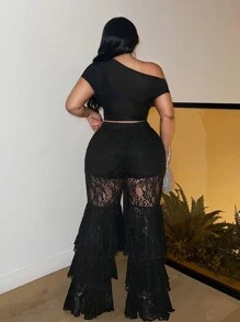 Slaydiva Elegant Sexy Romantic Black Plus Size Lace & Mesh Ruffle Hem Slim Fit Long Pants - Black - View 2